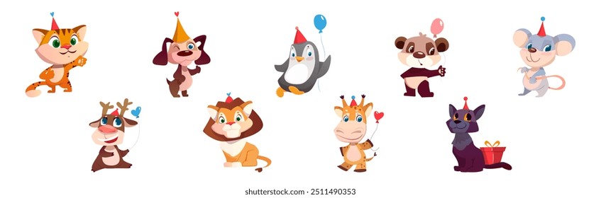 Cute Animals Greeting with Birthday in Cone Hat Vector Set