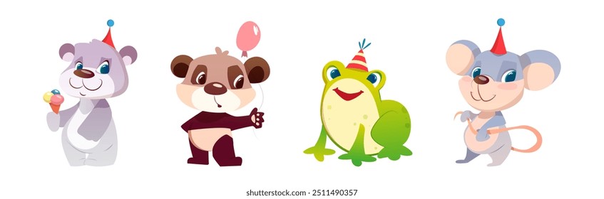 Cute Animals Greeting with Birthday in Cone Hat Vector Set