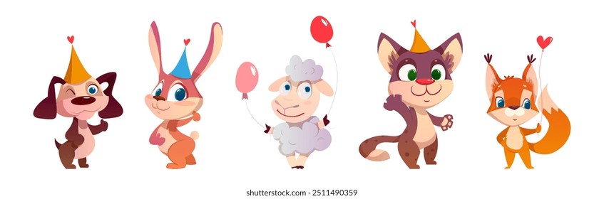 Cute Animals Greeting with Birthday in Cone Hat Vector Set