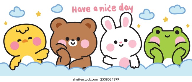 Cute animals greeting with cloud and star on sky background.Have a nice day.Chicken,teddy bear,rabbit,frog hand drawn.Animal cartoon.Kawaii.Vector.Illustration.