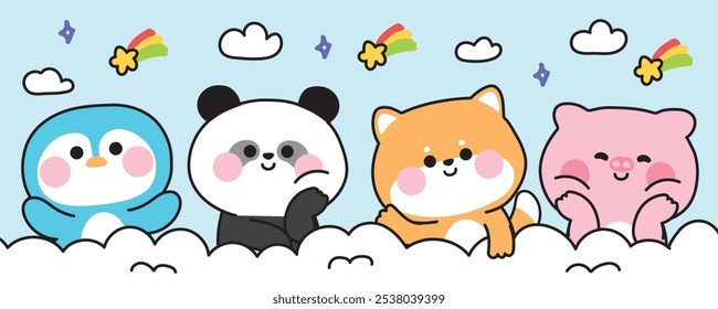 Animales lindos que saludan con la nube y el arco iris de la estrella en el fondo del cielo. Pingüino, oso panda, perro shiba inu, cerdo dibujado a mano. Dibujos animados animales. Kawaii. Vector. Ilustración.