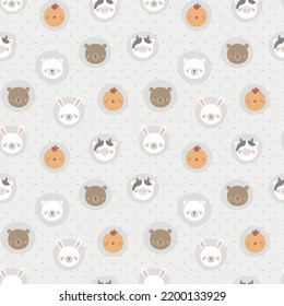 Cute animals grey seamless pattern, abstract hand drawn dot background with adorable farm animals vector illustration