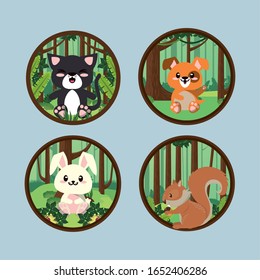 cute animals group in landscape scene vector illustration design