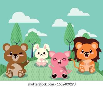 cute animals group in landscape scene vector illustration design
