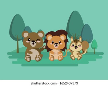 cute animals group in landscape scene vector illustration design
