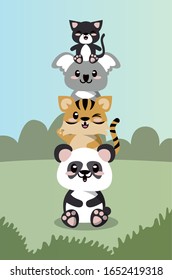 cute animals group in landscape scene vector illustration design