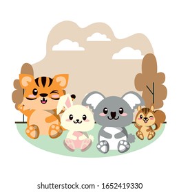 cute animals group in landscape scene vector illustration design