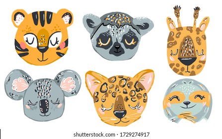 Animales lindos dibujan a mano el doodle. Juego de personajes sonrientes dibujados a mano. Zoológico de dibujos animados. Chetah, tigre, coala, jirafa, lemur. Ilustración del vector