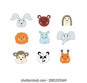 Cute animals hand drawing. Hippo, monkey, panda, bear, squirrel, hedgehog, lion, hare