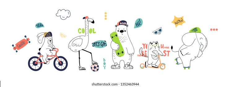 Cute Animals Hand Drawing Illustration Vector. Rabbit, Flamingo, Bear, Cat, Elephant. Eps 10.