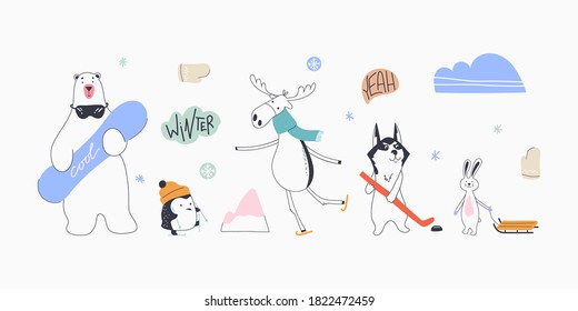 Cute animals hand drawing illustration vector. Polar bear, penguin, deer, husky, hare. Doodle vector illustration.