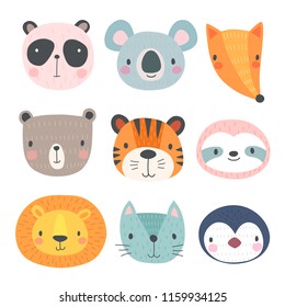 Cute Animals. Hand Drawn Characters. Vector Illustration.