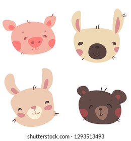 Cute animals hand drawn characters bear, pig, lama, rabbit vector illustration for baby card and invitation.