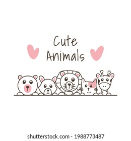 Cute animals hand drawn, doodle cartoon animals. Design for poster, card, kids t-shirt, banner, print vector illustration
