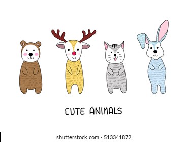 Cute animals, hand drawn doodle cartoon