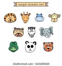 Cute animals hand drawn faces collection on white background: jungle animals isolated on white background. Vector illustration design template. Cartoon characters.Perfect for baby or kid design.