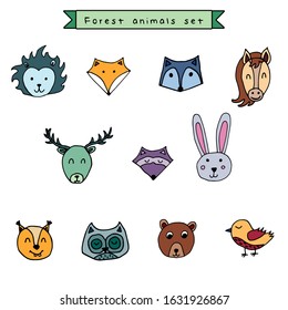 Cute animals hand drawn faces collection on white background: forest animals isolated on white background. Vector illustration design template. Cartoon characters.Perfect for baby or kid design.