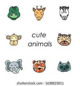 Cute animals hand drawn faces collection on white background isolated on white background. Vector illustration design template. Cartoon characters.Perfect for baby or kid design.