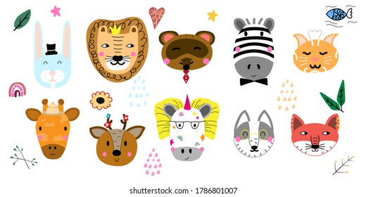 Cute animals hand drawn vector set. Funny doodle cartoon characters - lion, zebra, unicorn, wolf, cat, deer, raccoon, rabbit, fox, giraffe for poster, clipart, print, baby birthday card, t-shirt.