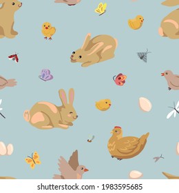 Cute animals, hand drawn vector seamless pattern. Spring colored cartoon ornament. Hen, chickens, rabbits, birds, insect. Design for print, fabric, textile, background, wallpaper, wrap, card, decor.
