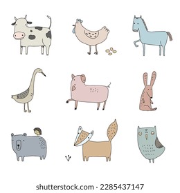 Cute animals hand drawn vector set
