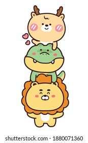 Cute animals hand drawn.Deer,crocodile,lion cartoon doodle.Graphic design.Kawaii.Image for children clothes,card,poster,web banner,wallpaper.Vector.Illustration.