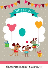 cute animals happy birthday greeting card vector