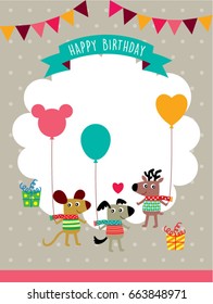 cute animals happy birthday greeting card vector