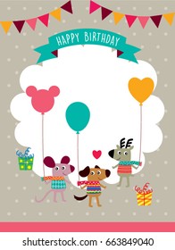 cute animals happy birthday greeting card vector