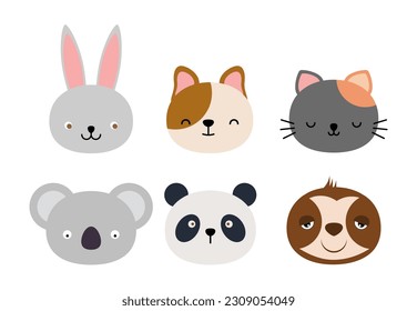 Animales con caras felices. Conejo, perro, gato, koala, panda y pereza. Clipart de estilo plano. Animales de dibujos animados