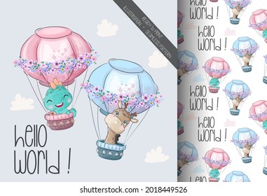 Cute animals  happy flying with seamless pattern