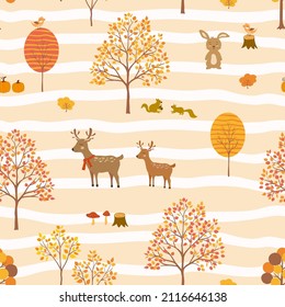 Cute animals happy on autumn forest,seamless pattern in cartoon style for decorative,kid product,fashion,fabric,textile,print or wallpaper,vector illustration