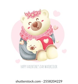 Cute animals happy valentine's day watercolor isolated on white background. The love that parents have for their children. Vector illustration.