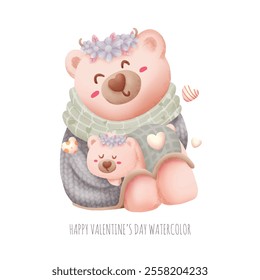 Cute animals happy valentine's day watercolor isolated on white background. The love that parents have for their children. Vector illustration.