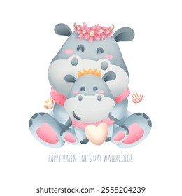 Cute animals happy valentine's day watercolor isolated on white background. The love that parents have for their children. Vector illustration.