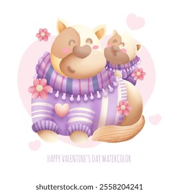 Cute animals happy valentine's day watercolor isolated on white background. The love that parents have for their children. Vector illustration.