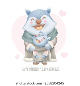 Cute animals happy valentine's day watercolor isolated on white background. The love that parents have for their children. Vector illustration.