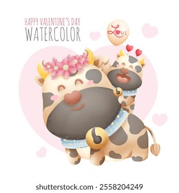 Cute animals happy valentine's day watercolor isolated on white background. The love that parents have for their children. Vector illustration.