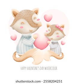 Cute animals happy valentine's day watercolor isolated on white background. The love that parents have for their children. Vector illustration.