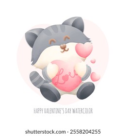 Cute animals happy valentine's day watercolor isolated on white background. The love that parents have for their children. Vector illustration.