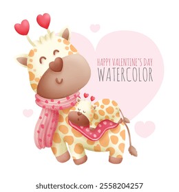 Cute animals happy valentine's day watercolor isolated on white background. The love that parents have for their children. Vector illustration.