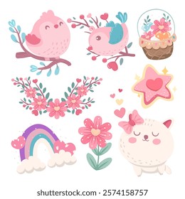 Cute animals in happy valentine's day element isolated on white background. Vector illustration.