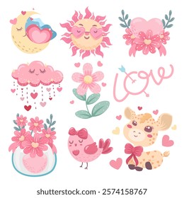 Cute animals in happy valentine's day element isolated on white background. Vector illustration.
