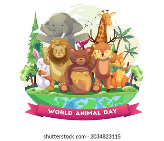 Cute Animals are happy to welcome World Animal Day. Happy Celebrate Wildlife Day. Flat Vector Illustration