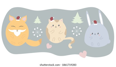 Cute animals, hare, fox, cat in Christmas hats, snowflakes. Vector illustration.