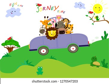 Cute animals have a nice journey by car.