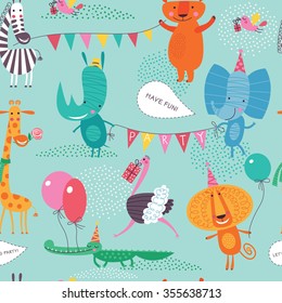 Cute animals have a party. Cartoon seamless pattern on a blue-green background for childish design. Seamless pattern can be used for backgrounds, surface textures, wallpapers, pattern fills.