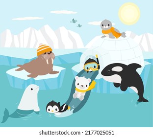 Cute animals having fun on the ice cartoon on the north pole background vector illustration