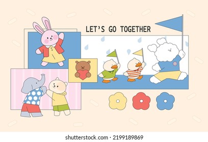 Cute animals are having fun with their friends. flat design style vector illustration.