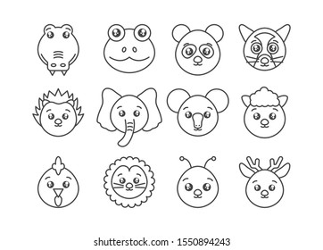 cute animals head cartoon icons set line style vector illustration